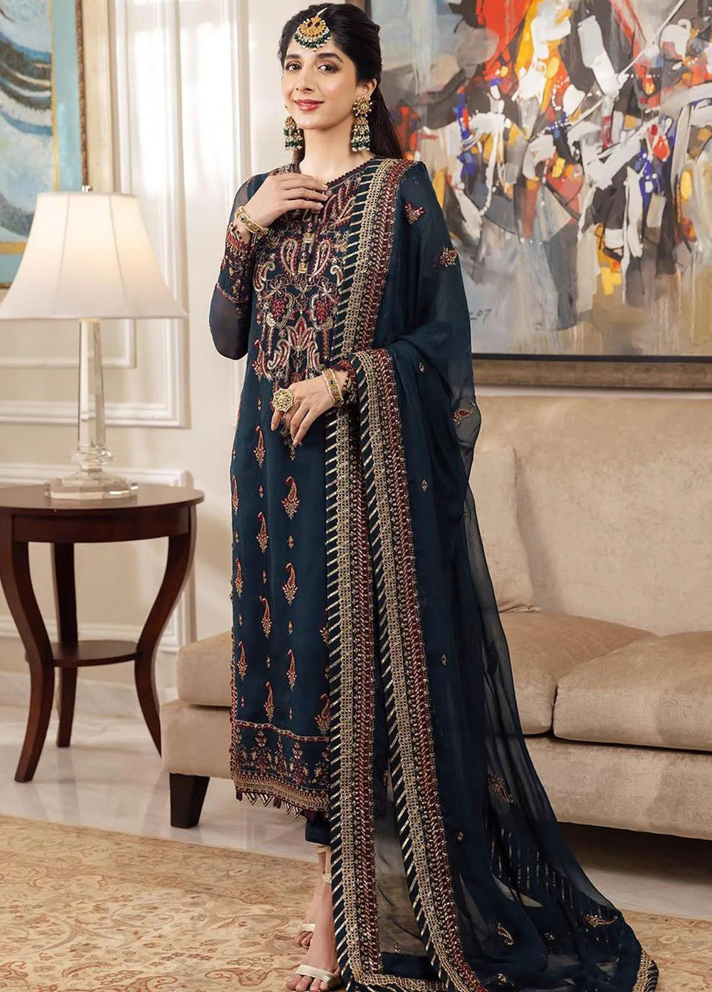 Zari Sitara By Asim Jofa Embroidered Chiffon Unstitched Suit 3 Piece AJ23ZS AJZS-03 - Luxury Eid Collection