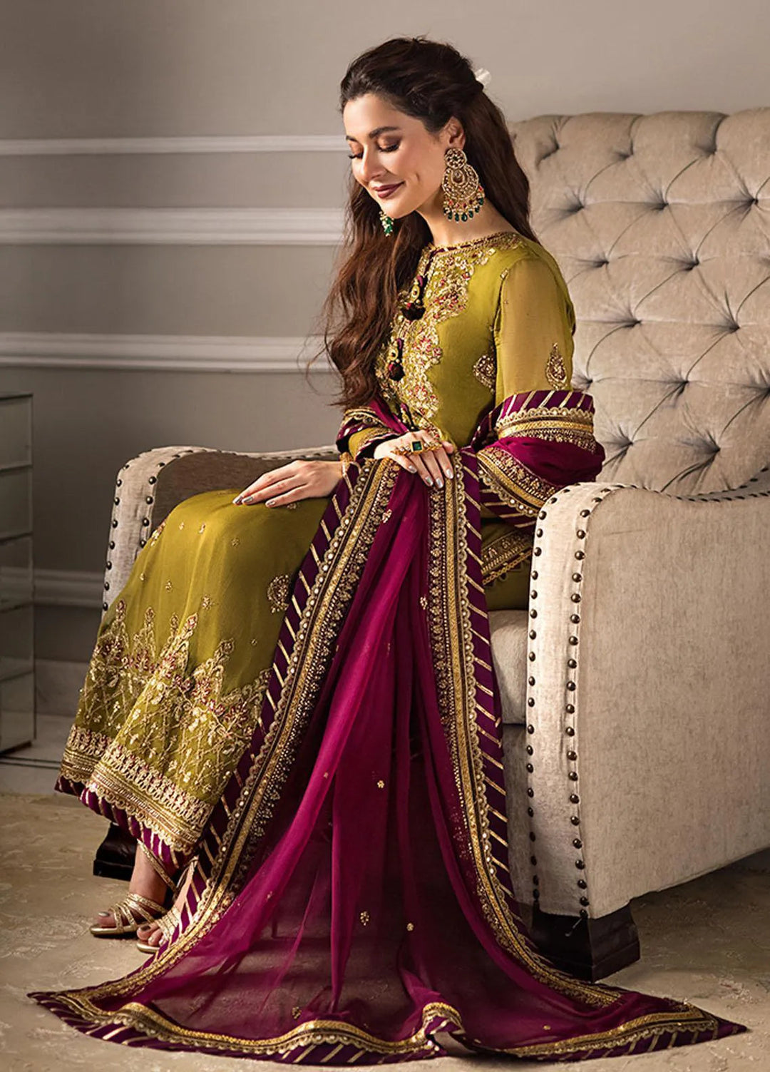 Zari Sitara By Asim Jofa Embroidered Chiffon Unstitched Suit 3 Piece AJ23ZS AJZS-06 - Luxury Eid Collection