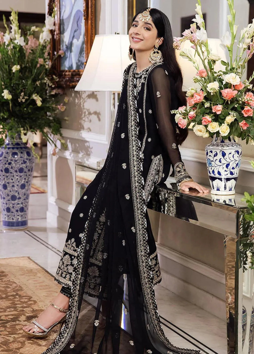 Zari Sitara By Asim Jofa Embroidered Chiffon Unstitched Suit 3 Piece AJ23ZS AJZS-14 - Luxury Eid Collection