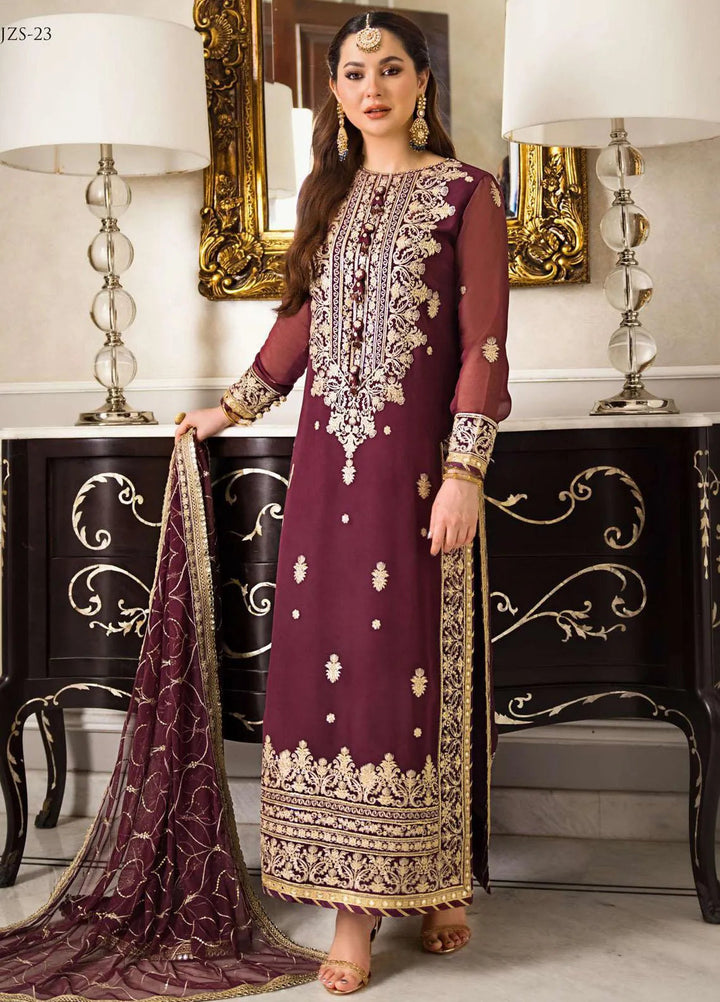 Zari Sitara By Asim Jofa Embroidered Chiffon Unstitched Suit 3 Piece AJ23ZS AJZS-23 - Luxury Eid Collection