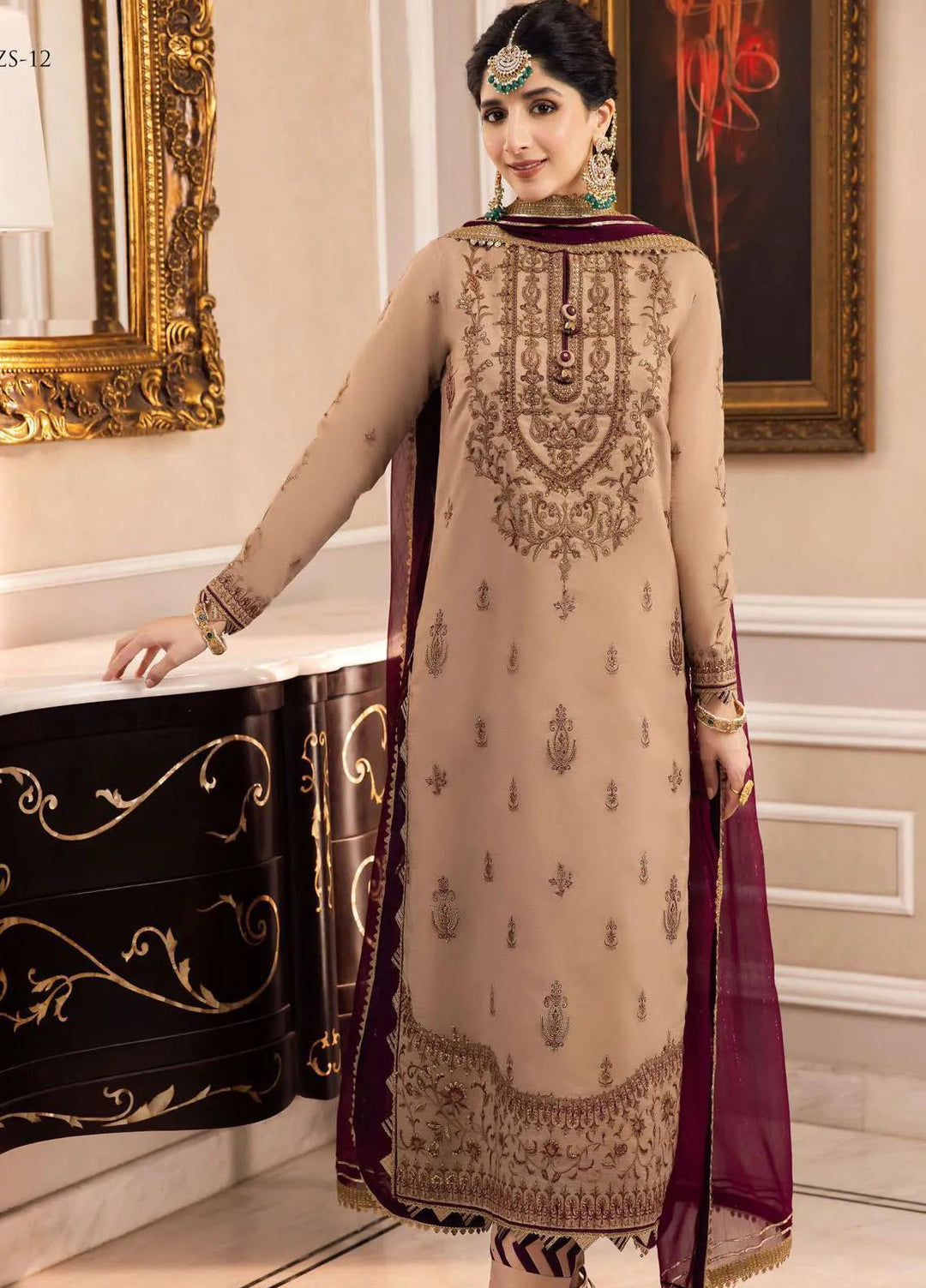 Zari Sitara By Asim Jofa Embroidered Cotton Unstitched Suit 3 Piece AJ23ZS AJZS-12 - Luxury Eid Collection