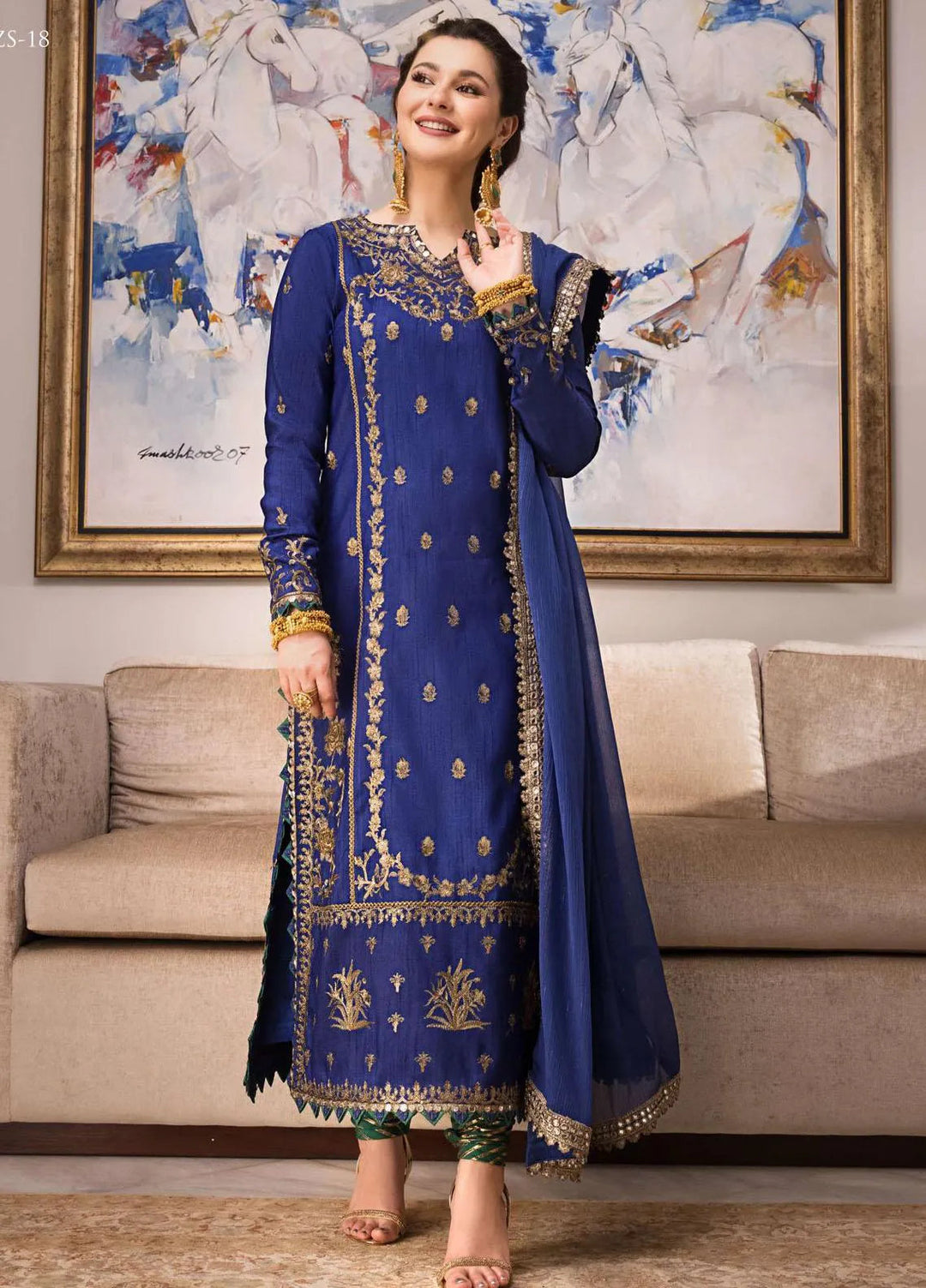 Zari Sitara By Asim Jofa Embroidered Cotton Unstitched Suit 3 Piece AJ23ZS AJZS-18 - Luxury Eid Collection