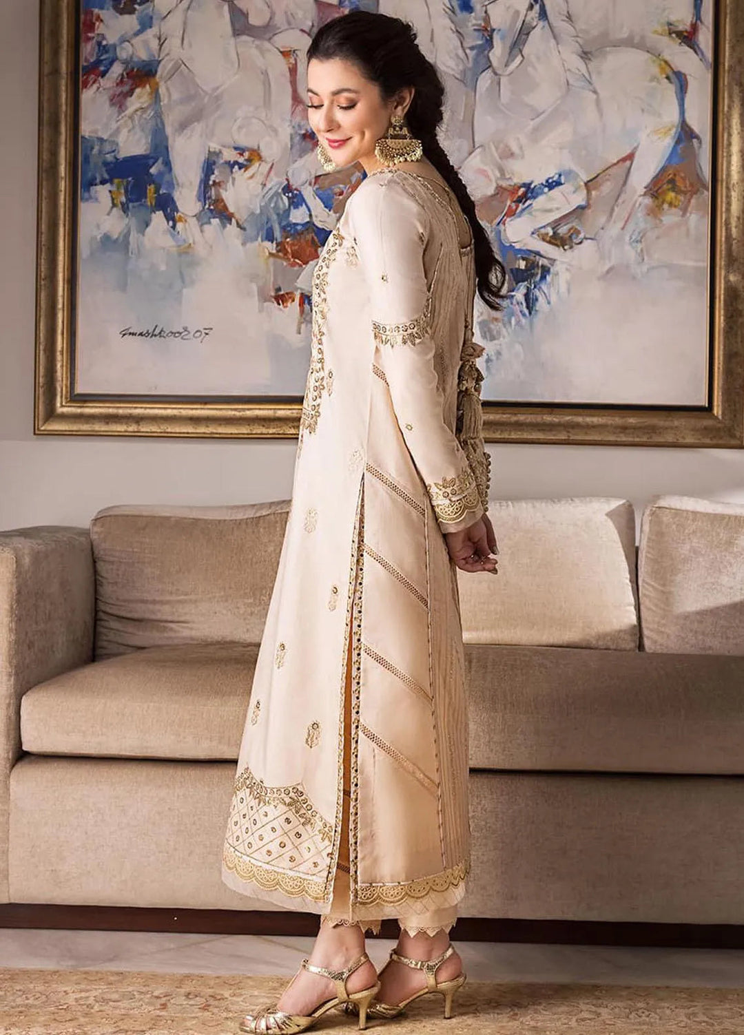 Zari Sitara By Asim Jofa Embroidered Raw Silk Kurti Unstitched AJ23ZS AJZS-15 - Luxury Eid Collection
