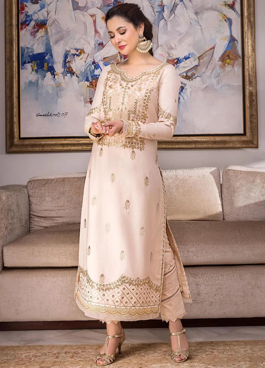 Zari Sitara By Asim Jofa Embroidered Raw Silk Kurti Unstitched AJ23ZS AJZS-15 - Luxury Eid Collection