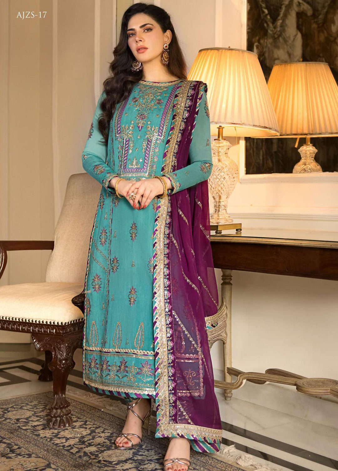 Zari Sitara By Asim Jofa Embroidered Cotton Suits Unstitched 3 Piece AJ23ZS AJZS-17 - Luxury Eid Collection