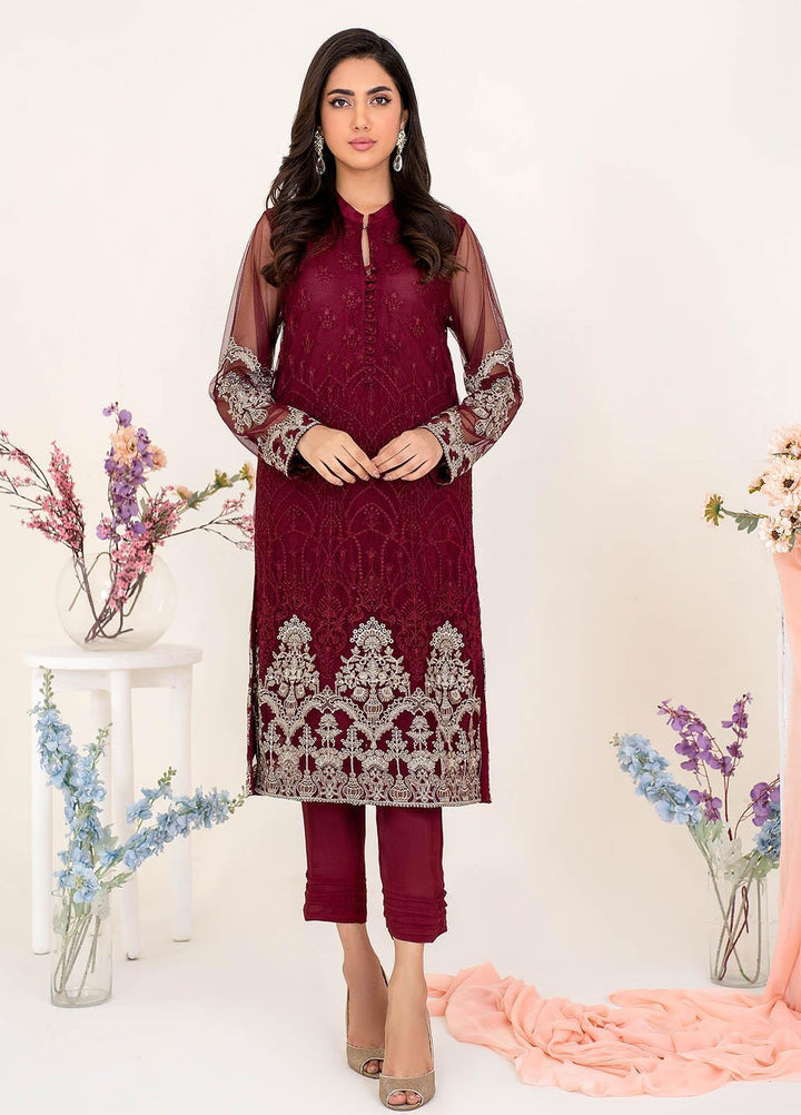 Zarif Casual Pret  Net 2 Piece Suit CHERRY ROSE