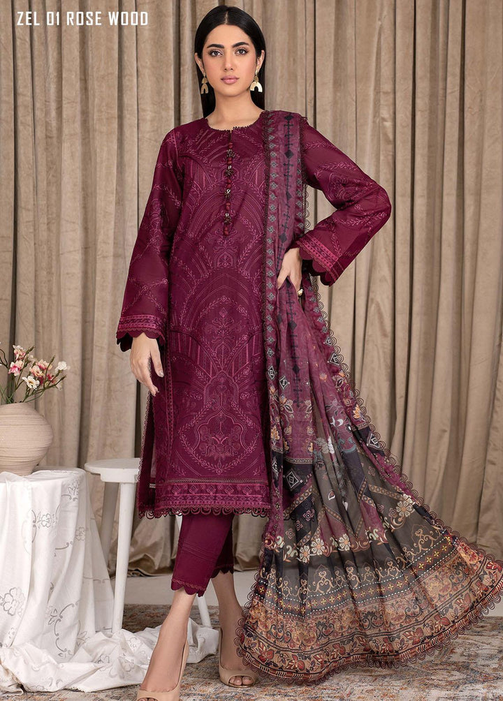 Zarif Embroidered Lawn Suits Unstitched 3 Piece ZF23L ZEL-01 Rose Wood - Luxury Collection
