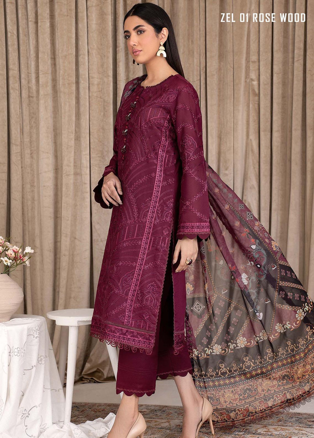 Zarif Embroidered Lawn Suits Unstitched 3 Piece ZF23L ZEL-01 Rose Wood - Luxury Collection