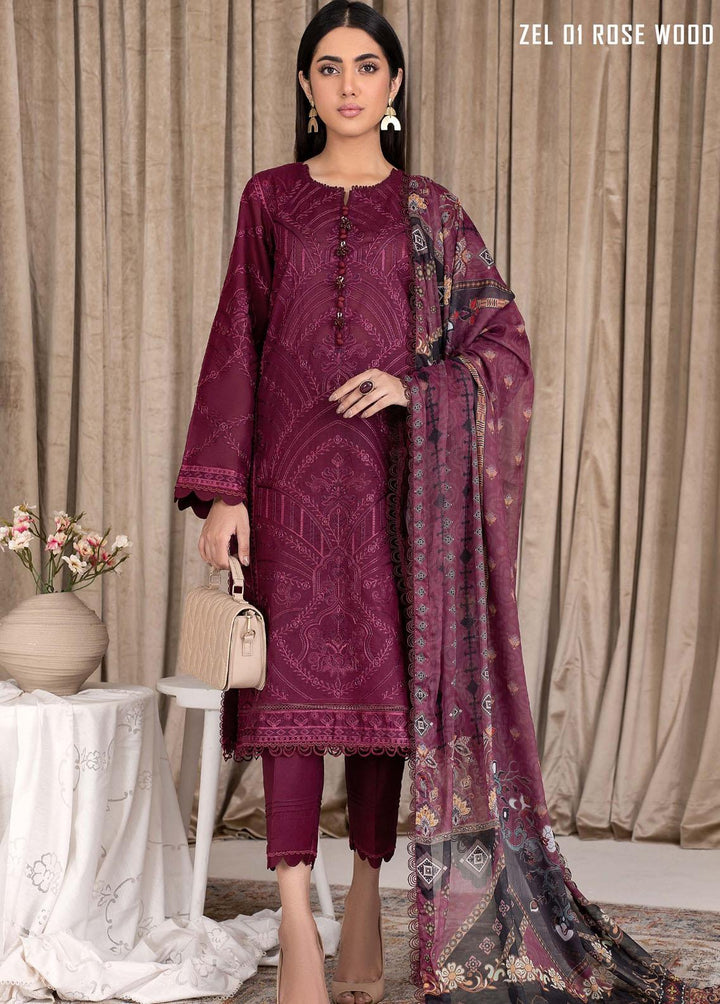 Zarif Embroidered Lawn Suits Unstitched 3 Piece ZF23L ZEL-01 Rose Wood - Luxury Collection