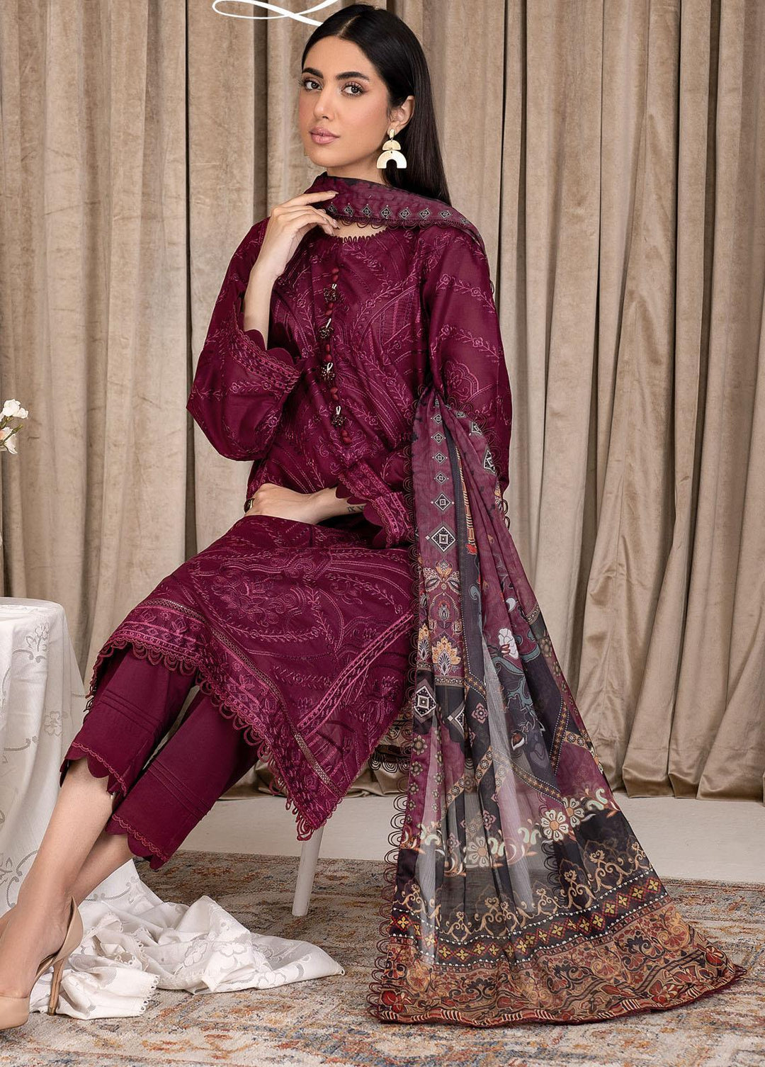 Zarif Embroidered Lawn Suits Unstitched 3 Piece ZF23L ZEL-01 Rose Wood - Luxury Collection