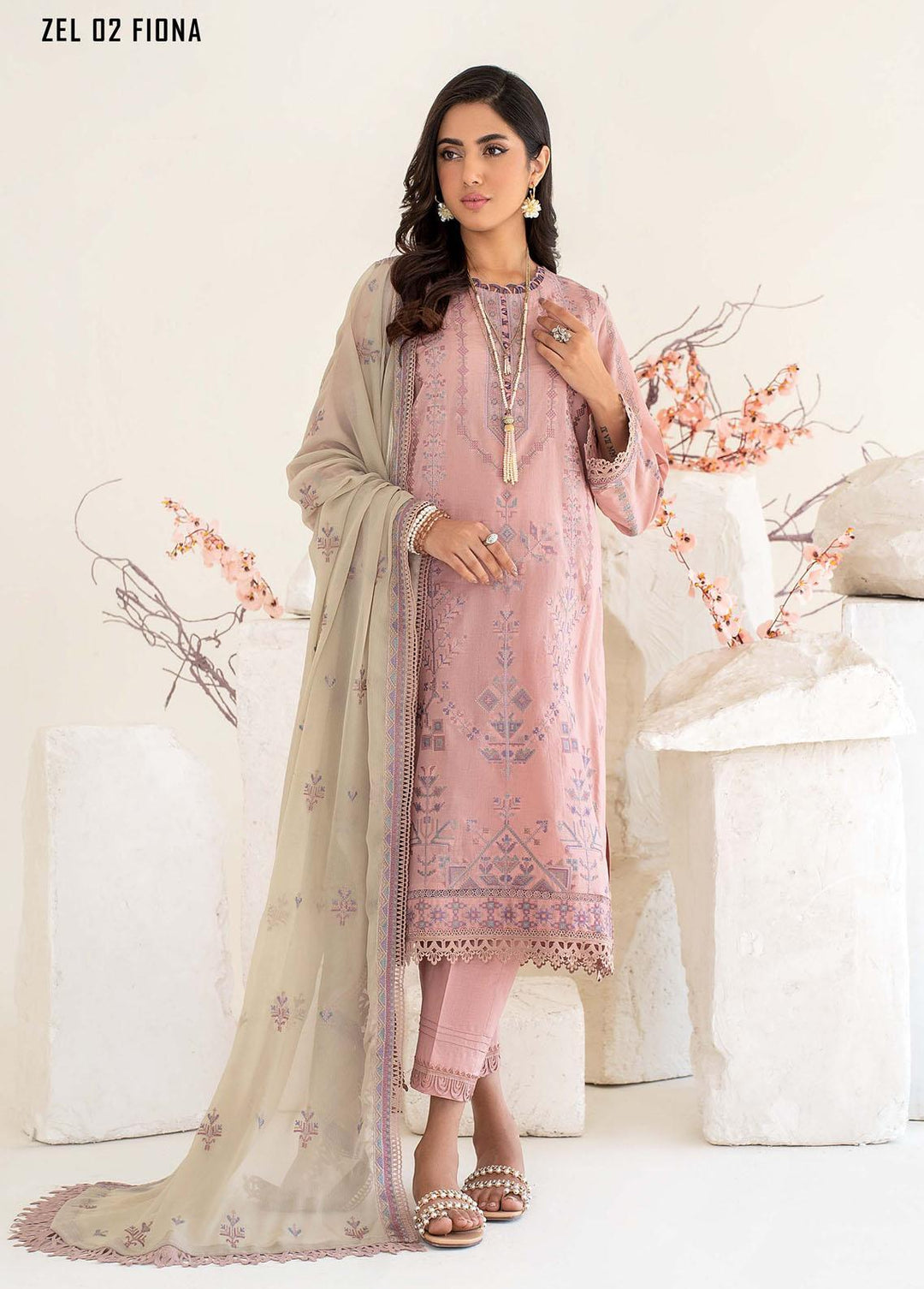 Zarif Embroidered Lawn Suits Unstitched 3 Piece ZF23L ZEL-02 Fiona - Luxury Collection