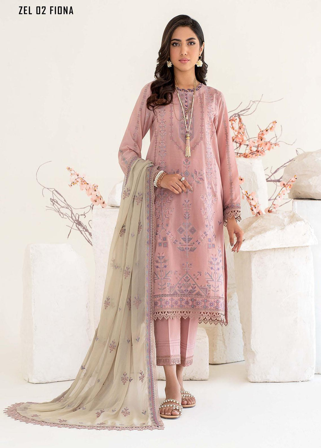 Zarif Embroidered Lawn Suits Unstitched 3 Piece ZF23L ZEL-02 Fiona - Luxury Collection