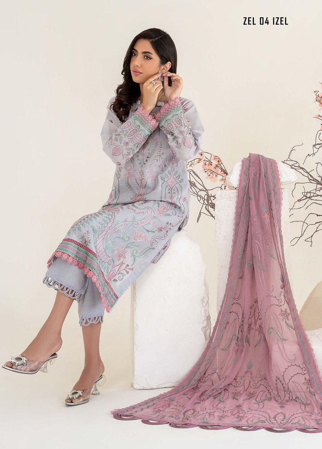 Zarif Embroidered Lawn Suits Unstitched 3 Piece ZF23L ZEL-04 Izel - Luxury Collection