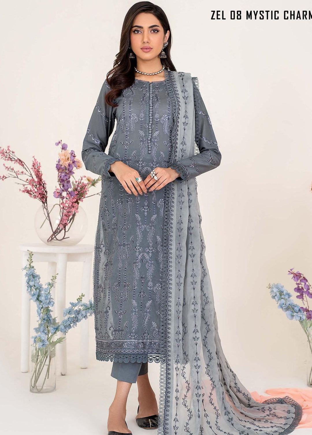 Zarif Embroidered Lawn Suits Unstitched 3 Piece ZF23L ZEL-08 Mystic Charm - Luxury Collection