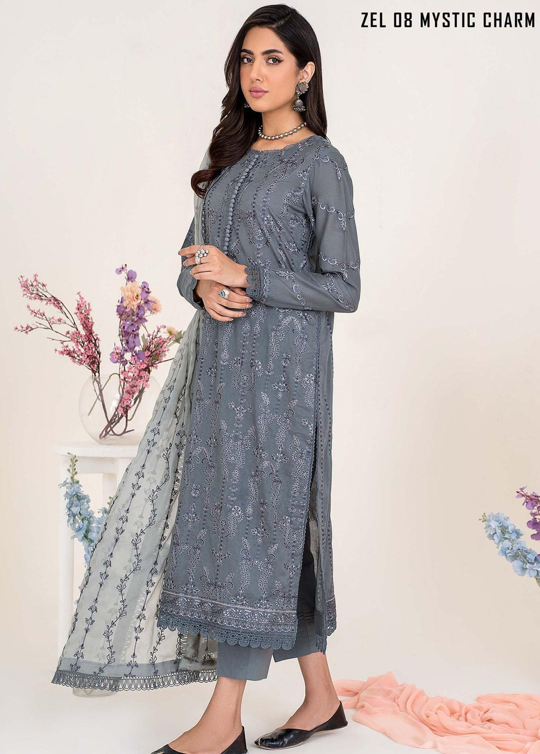 Zarif Embroidered Lawn Suits Unstitched 3 Piece ZF23L ZEL-08 Mystic Charm - Luxury Collection