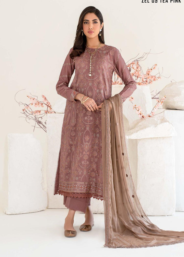 Zarif Embroidered Lawn Suits Unstitched 3 Piece ZF23L ZEL-09 Tea Pink - Luxury Collection