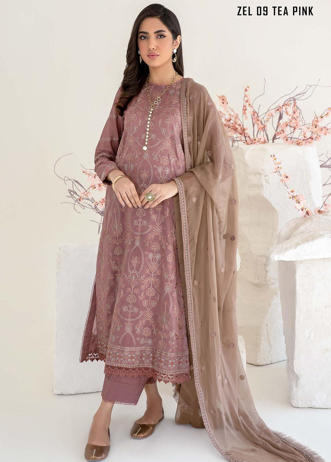 Zarif Embroidered Lawn Suits Unstitched 3 Piece ZF23L ZEL-09 Tea Pink - Luxury Collection