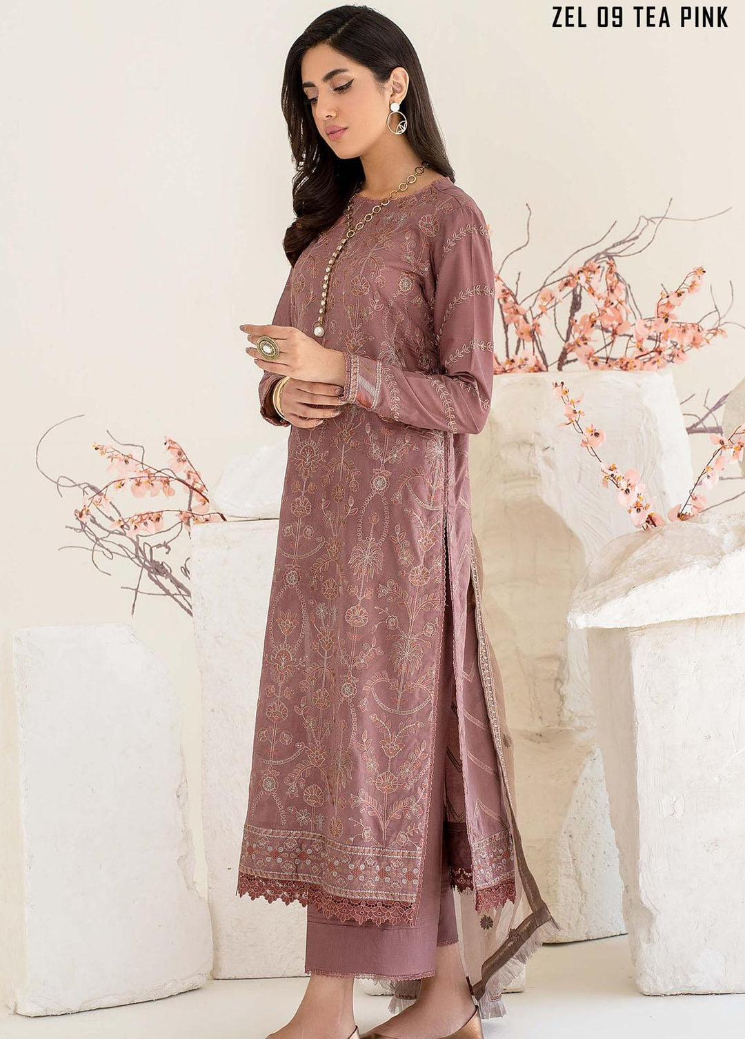 Zarif Embroidered Lawn Suits Unstitched 3 Piece ZF23L ZEL-09 Tea Pink - Luxury Collection