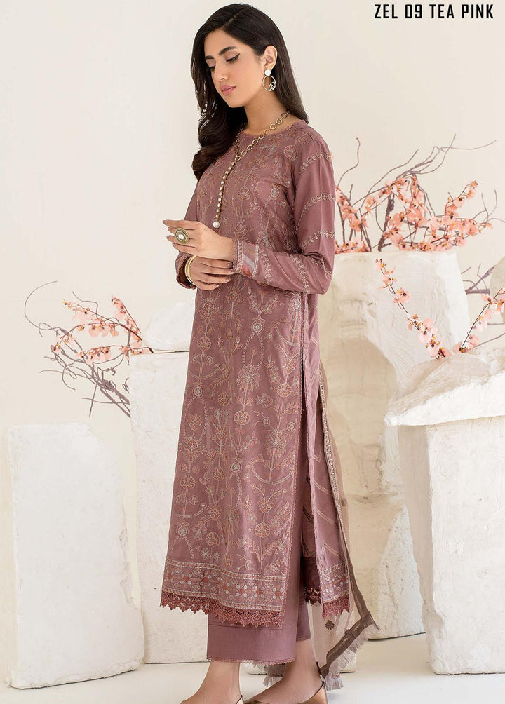 Zarif Embroidered Lawn Suits Unstitched 3 Piece ZF23L ZEL-09 Tea Pink - Luxury Collection