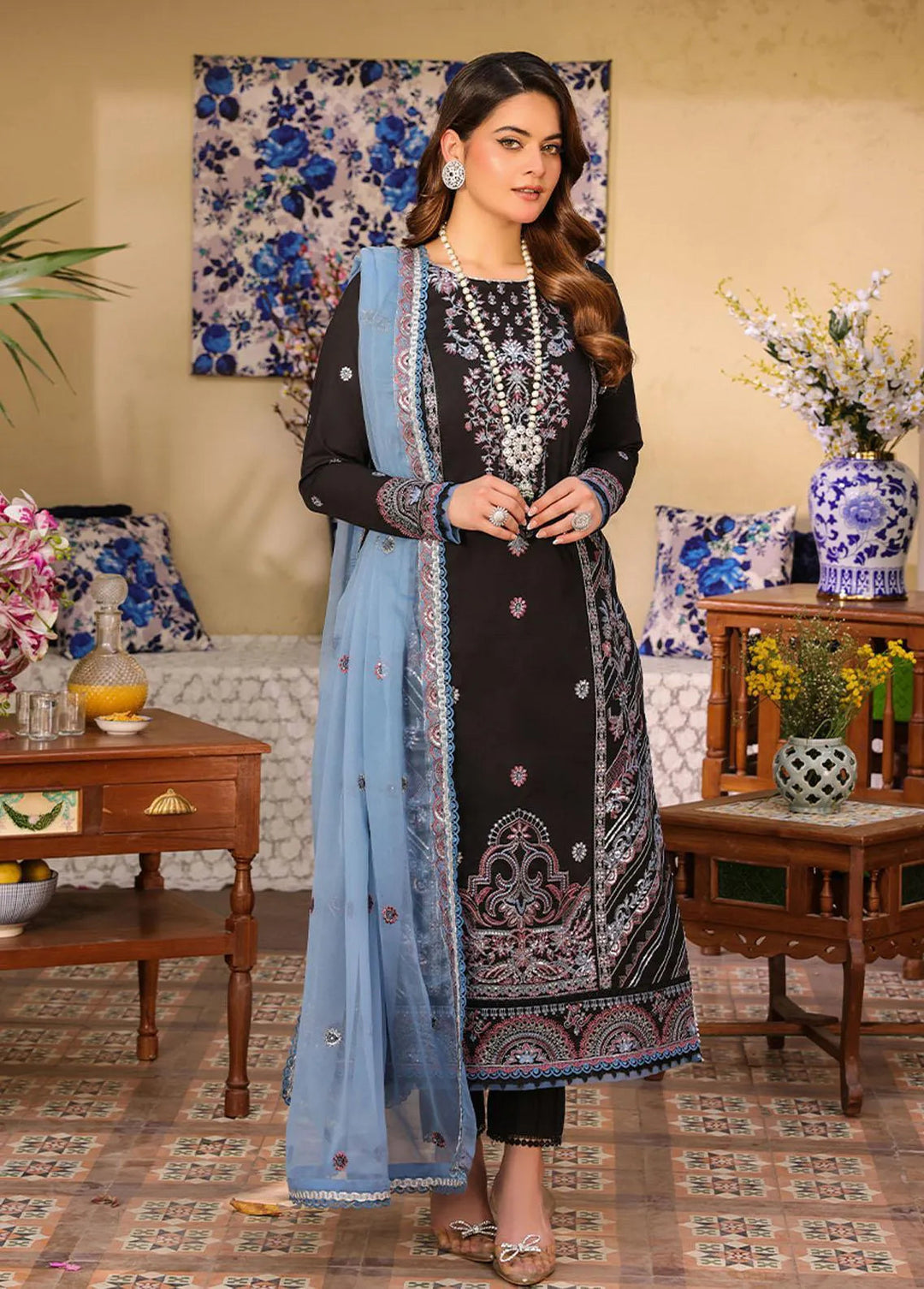 Zarq Barq By Asim Jofa Embroidered Cambric Unstitched Suit 3 Piece AJ23ZB AJZB-09 - Eid Collection