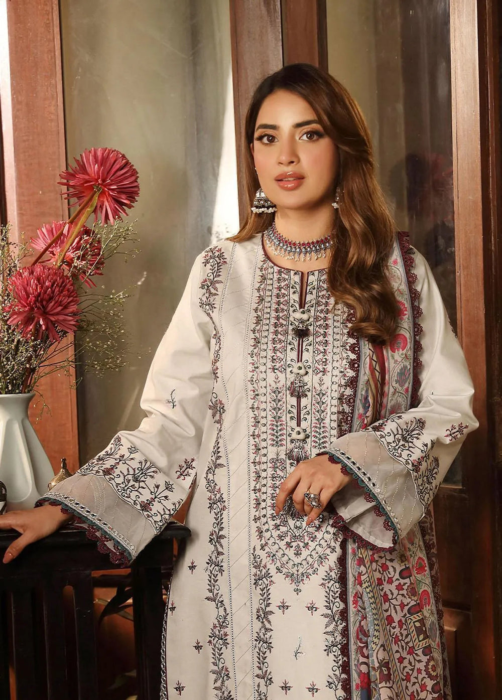Zarq Barq By Asim Jofa Embroidered Cambric Unstitched Suit 3 Piece AJ23ZB AJZB-10 - Eid Collection