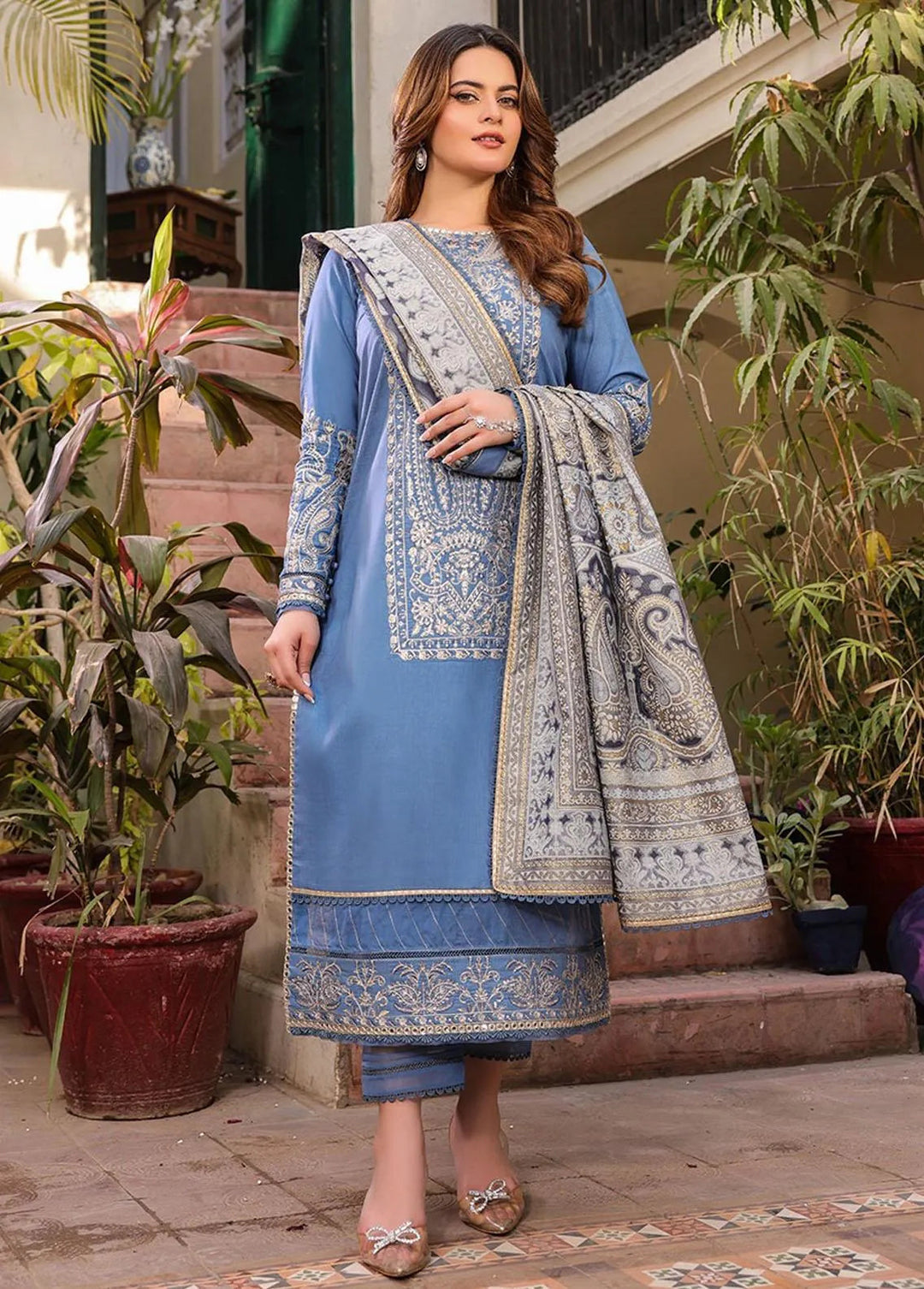 Zarq Barq By Asim Jofa Embroidered Cambric Unstitched Suit 3 Piece AJ23ZB AJZB-13 - Eid Collection