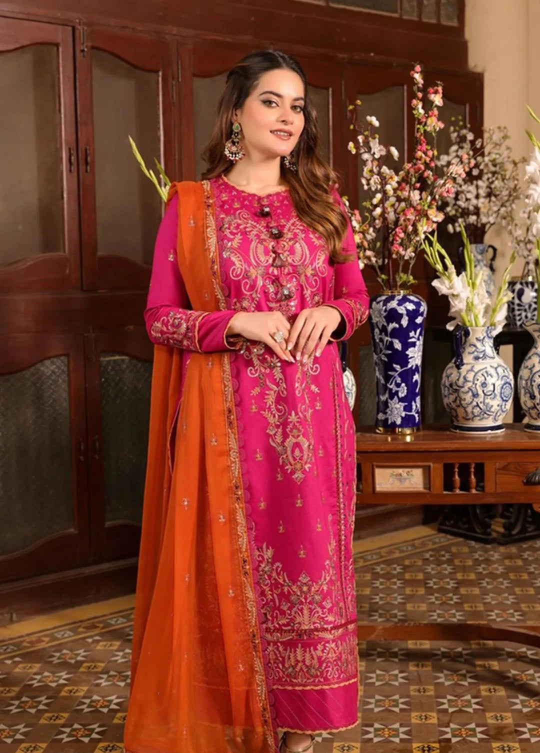 Zarq Barq By Asim Jofa Embroidered Cambric Unstitched Suit 3 Piece AJ23ZB AJZB-15 - Eid Collection
