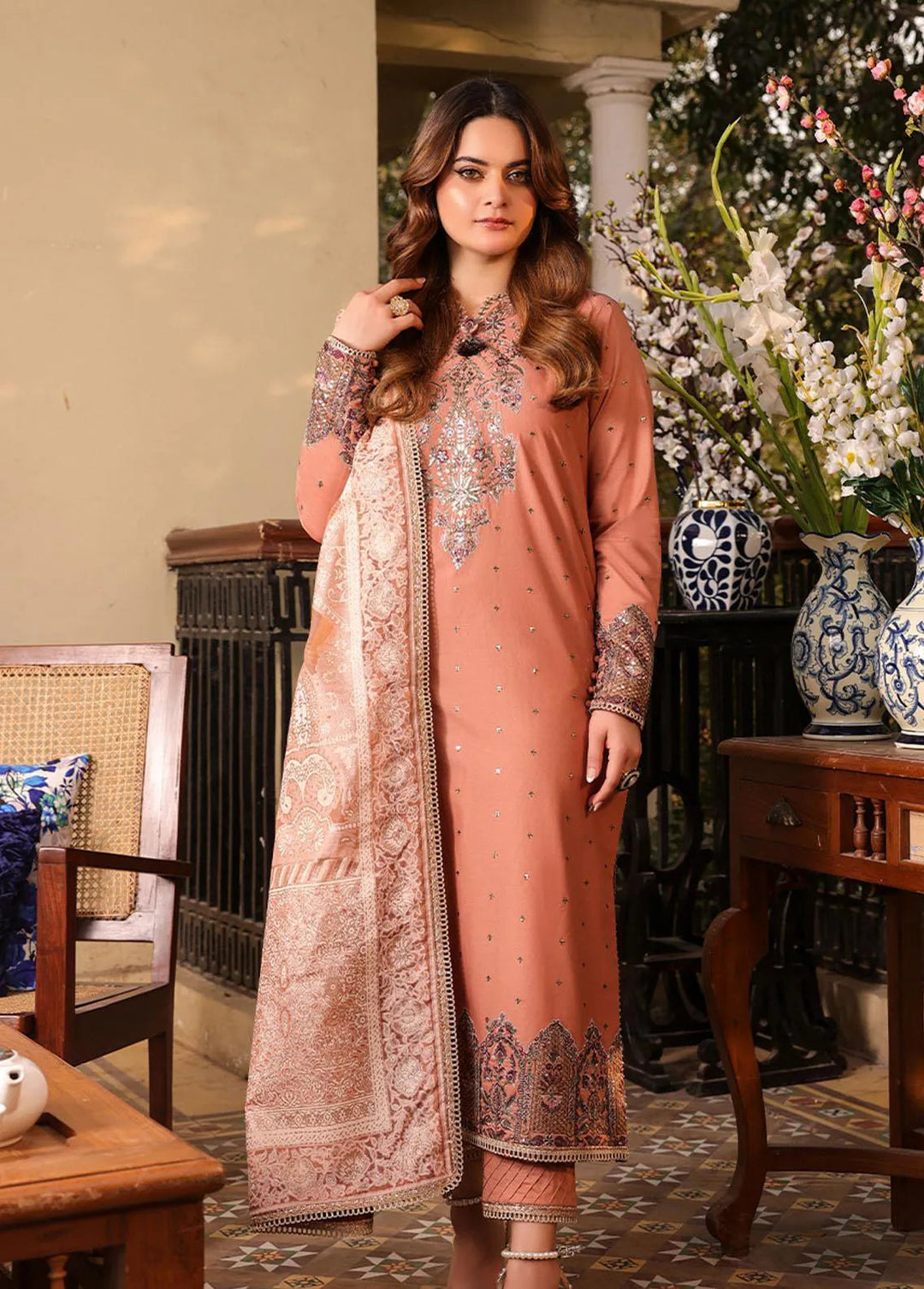 Zarq Barq By Asim Jofa Embroidered Cambric Unstitched Suit 3 Piece AJ23ZB AJZB-23 - Eid Collection