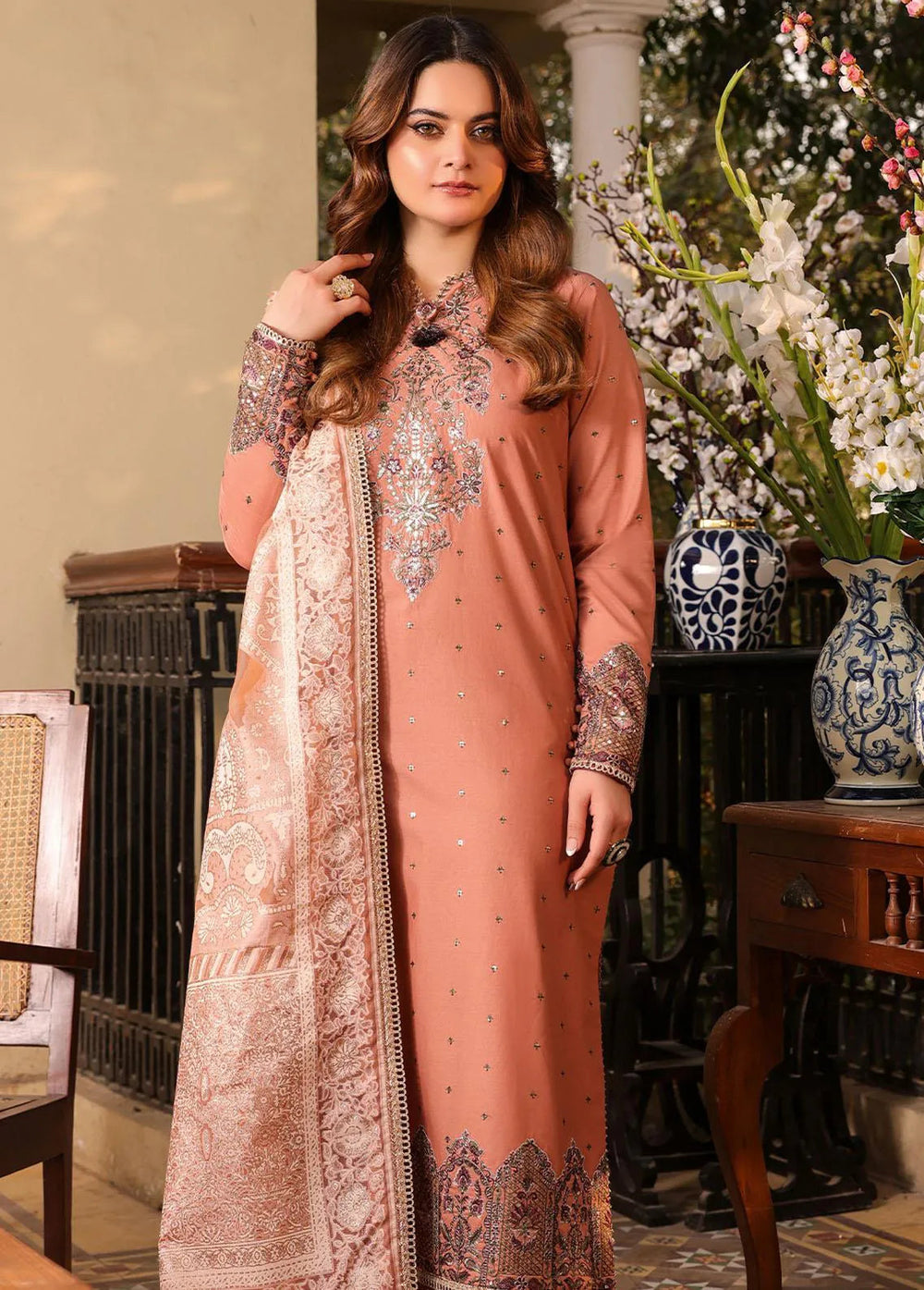 Zarq Barq By Asim Jofa Embroidered Cambric Unstitched Suit 3 Piece AJ23ZB AJZB-23 - Eid Collection