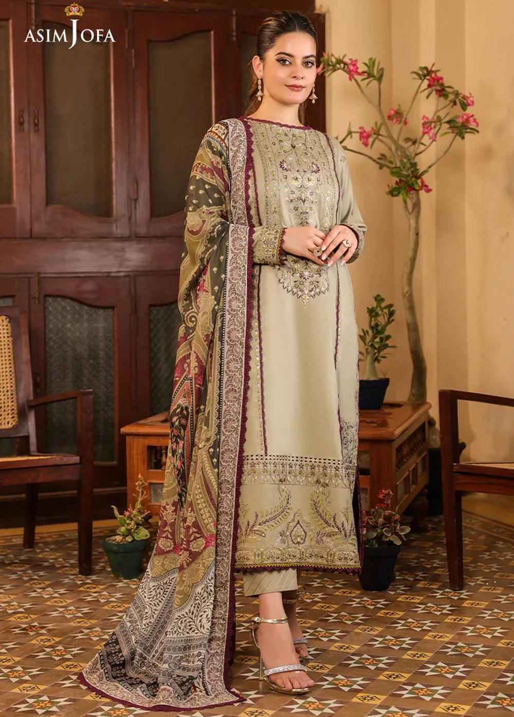 Zarq Barq By Asim Jofa Embroidered Cambric Unstitched Suit 3 Piece AJ23ZB AJZB-25 - Eid Collection