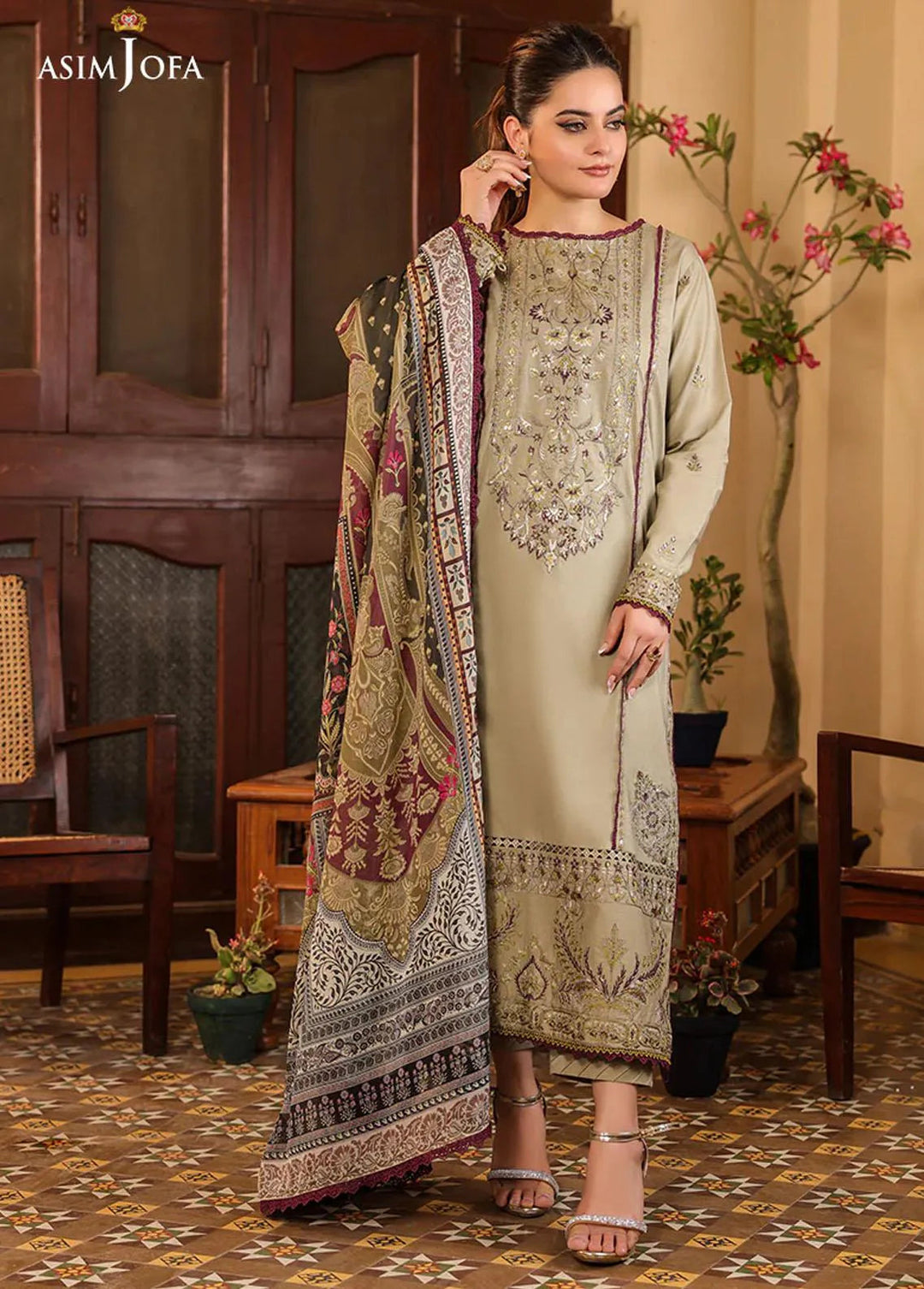 Zarq Barq By Asim Jofa Embroidered Cambric Unstitched Suit 3 Piece AJ23ZB AJZB-25 - Eid Collection