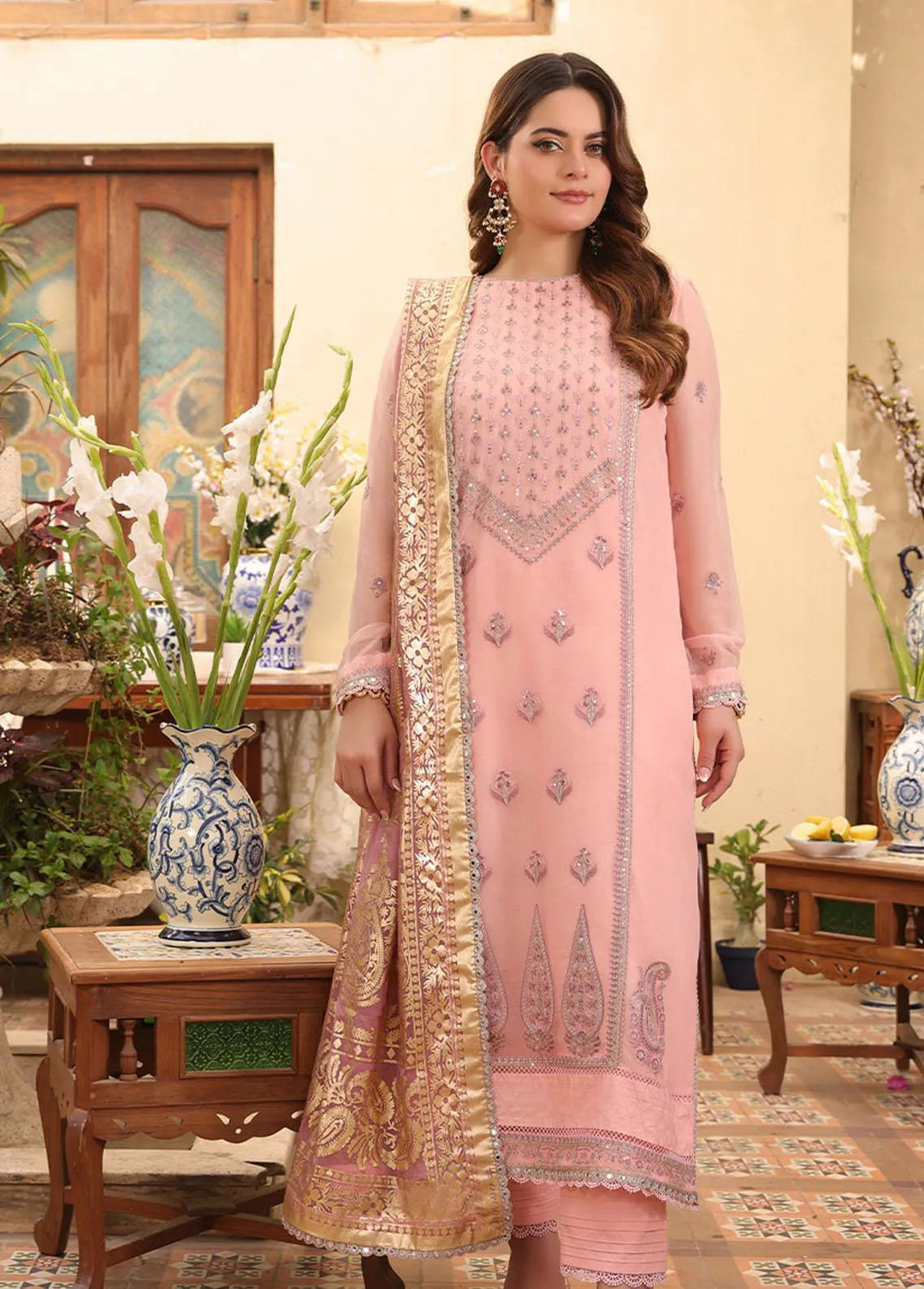 Zarq Barq By Asim Jofa Embroidered Chiffon Unstitched Suit 3 Piece AJ23ZB AJZB-03 - Eid Collection