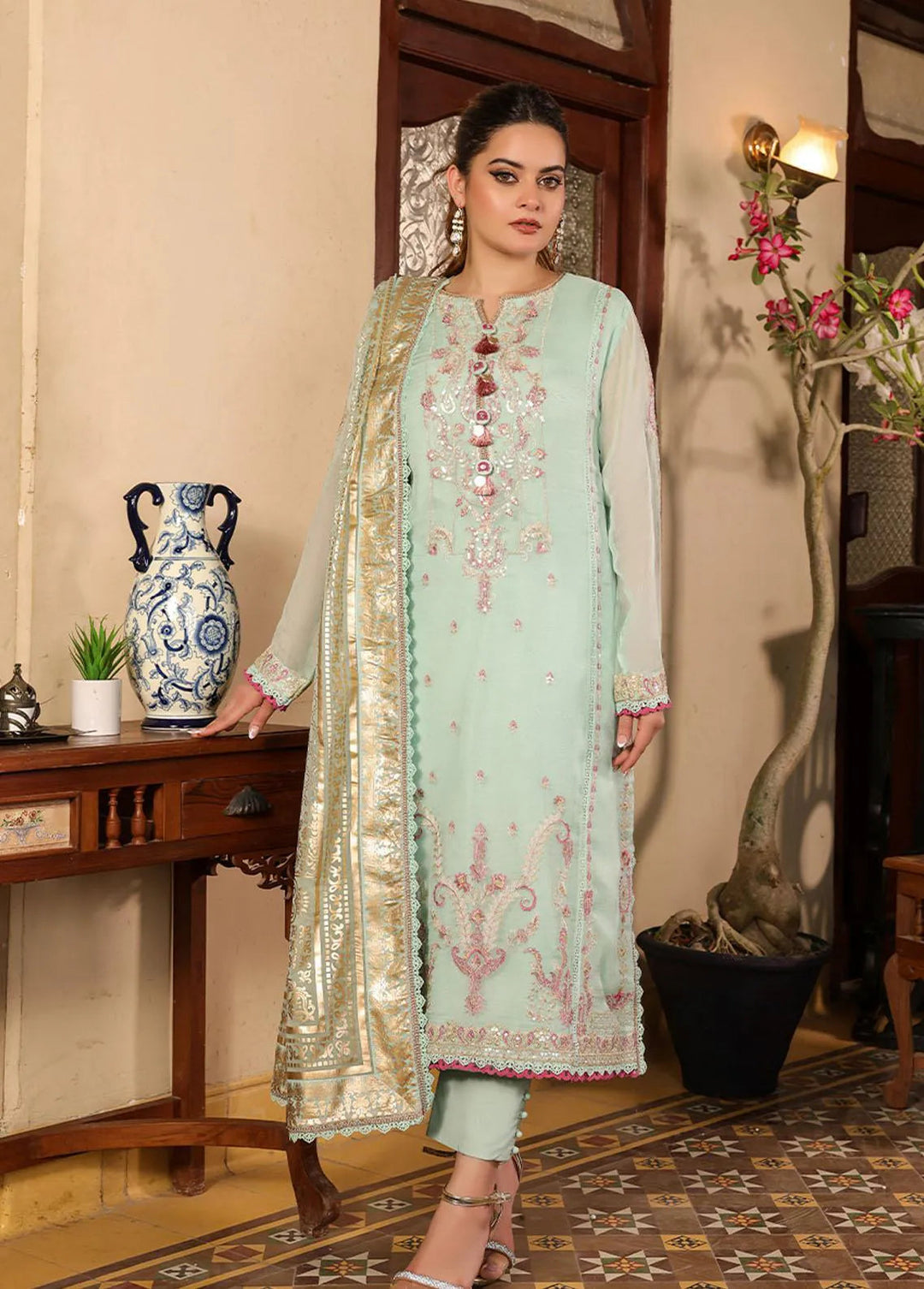 Zarq Barq By Asim Jofa Embroidered Chiffon Unstitched Suit 3 Piece AJ23ZB AJZB-21 - Eid Collection