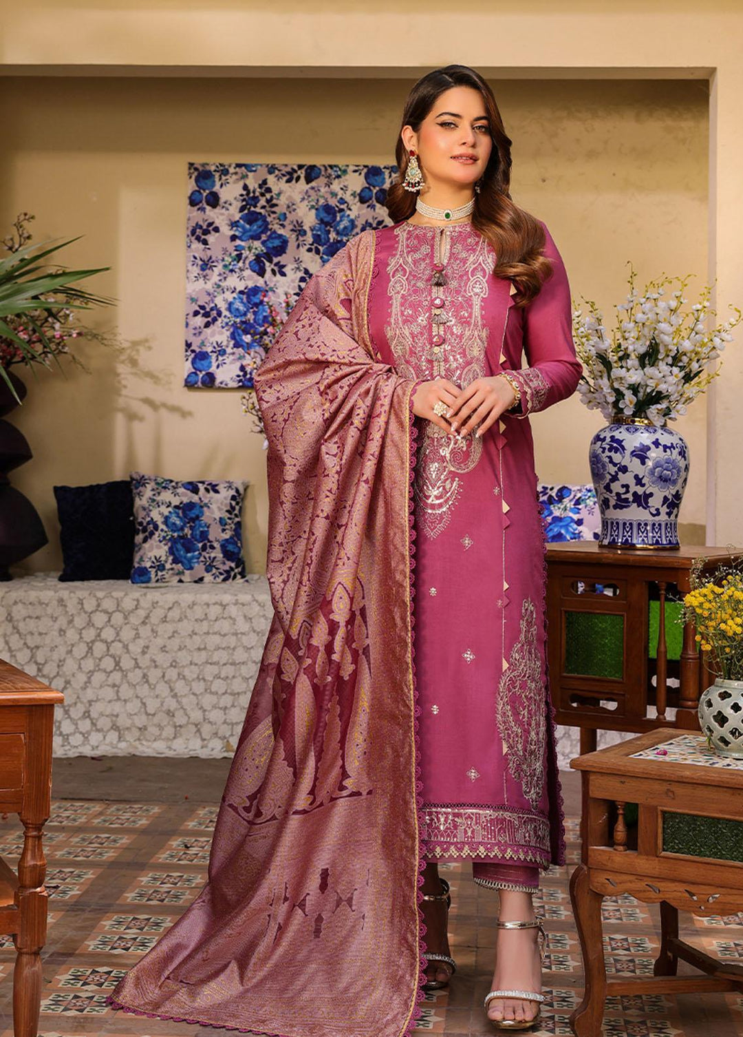 Zarq Barq By Asim Jofa Embroidered Cambric Suits Unstitched 3 Piece AJ23ZB AJZB-07 - Eid Collection