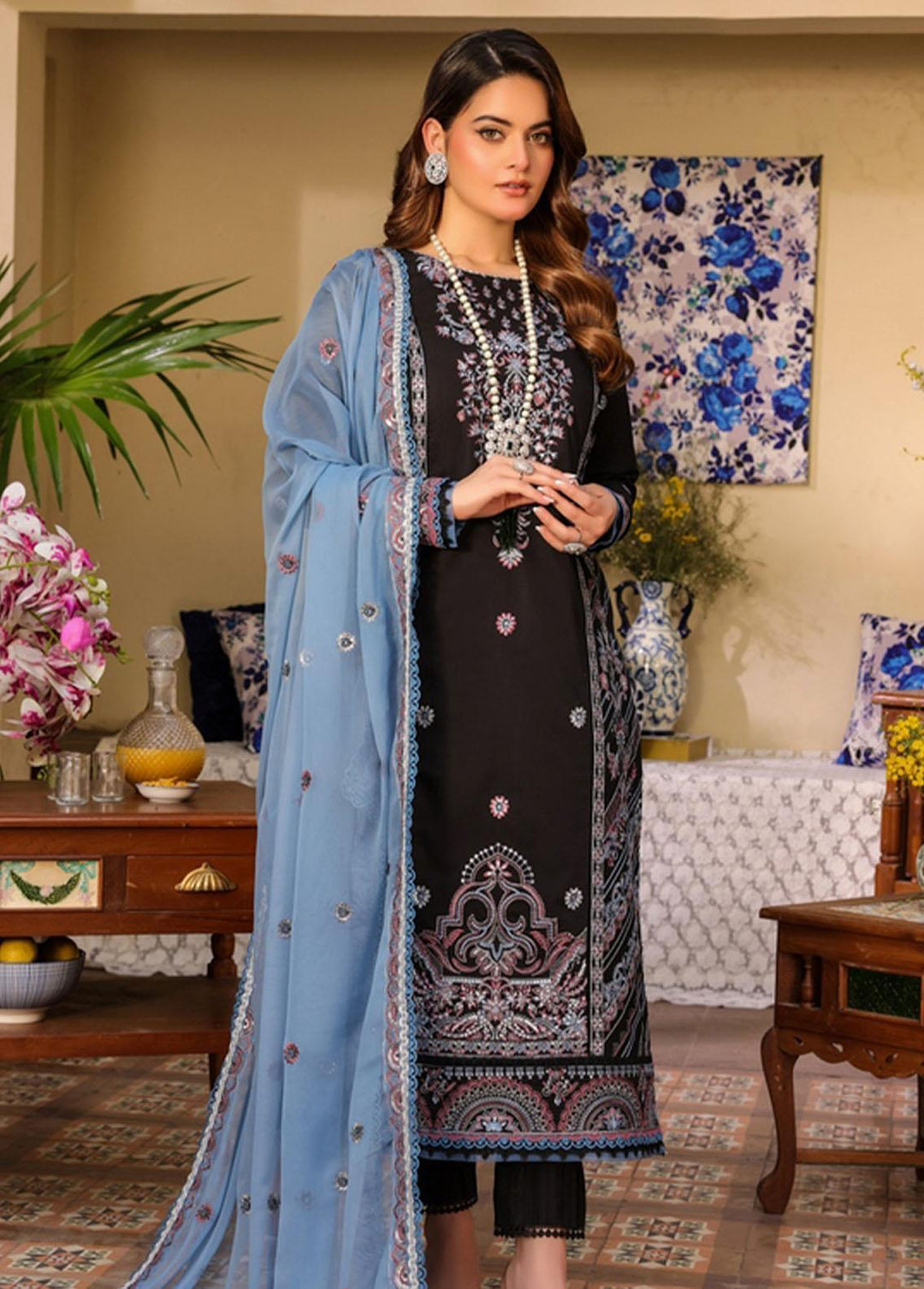 Zarq Barq By Asim Jofa Embroidered Cambric Suits Unstitched 3 Piece AJ23ZB AJZB-09 - Eid Collection