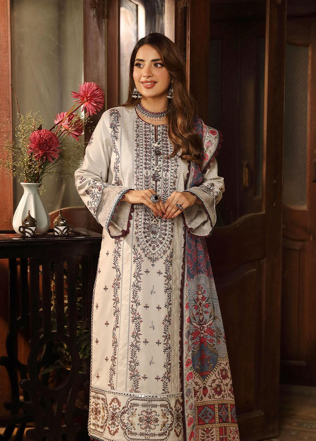 Zarq Barq By Asim Jofa Embroidered Cambric Suits Unstitched 3 Piece AJ23ZB AJZB-10 - Eid Collection