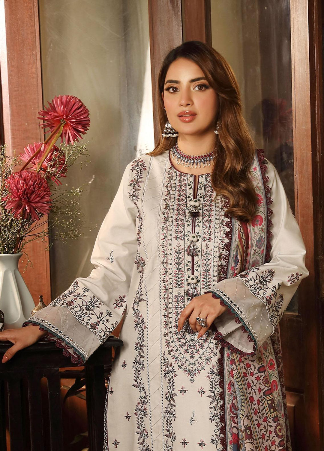Zarq Barq By Asim Jofa Embroidered Cambric Suits Unstitched 3 Piece AJ23ZB AJZB-10 - Eid Collection