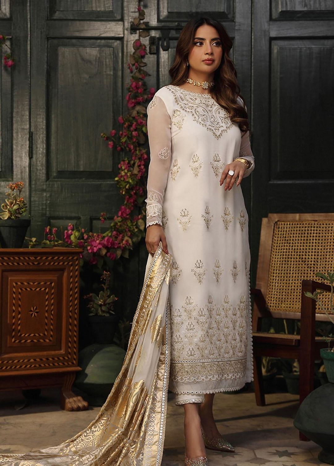 Zarq Barq By Asim Jofa Embroidered Chiffon Suits Unstitched 3 Piece AJ23ZB AJZB-12 - Eid Collection