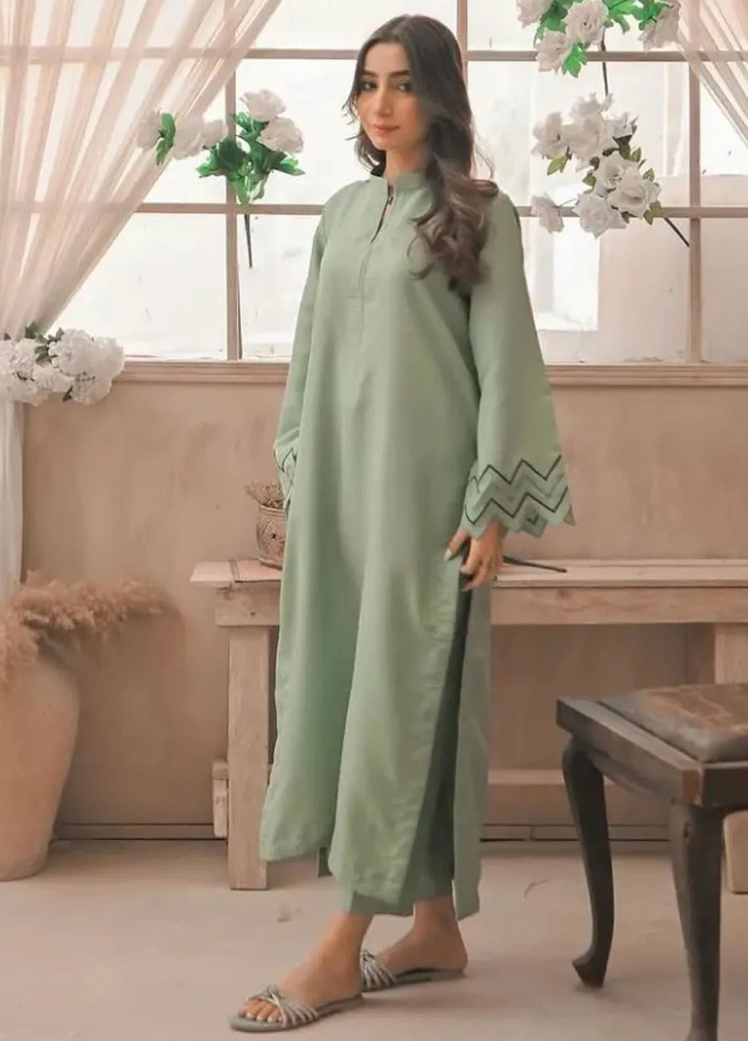 Zauk Luxury Pret Embroidered Raw Silk 2 Piece Suit Apple Green