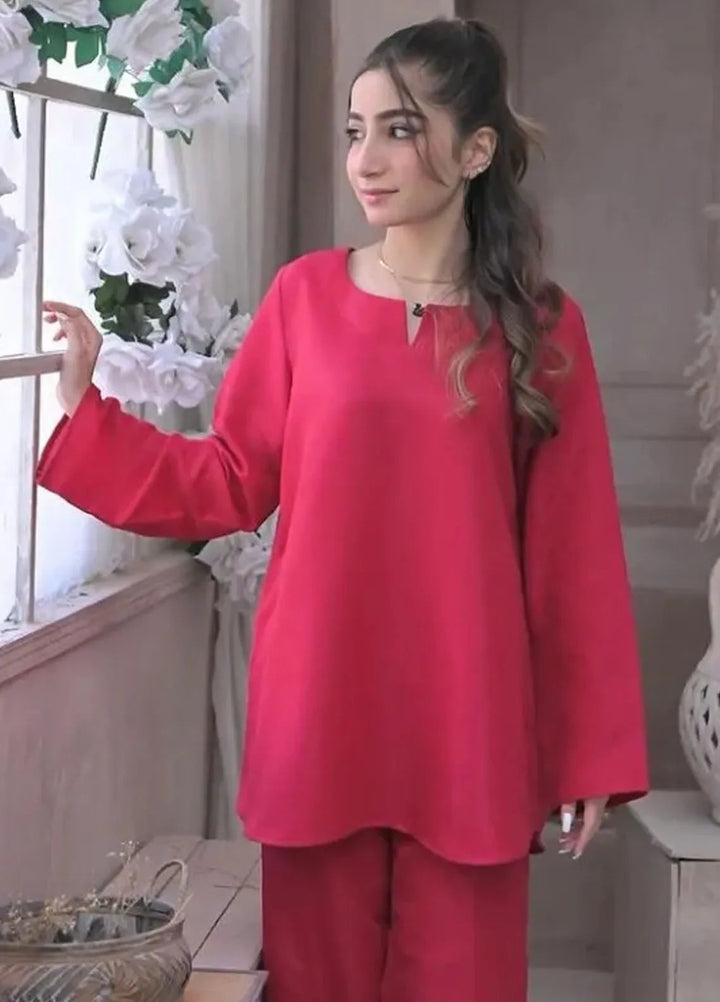 Zauk Luxury Pret Embroidered Raw Silk 2 Piece Suit Deep Pink