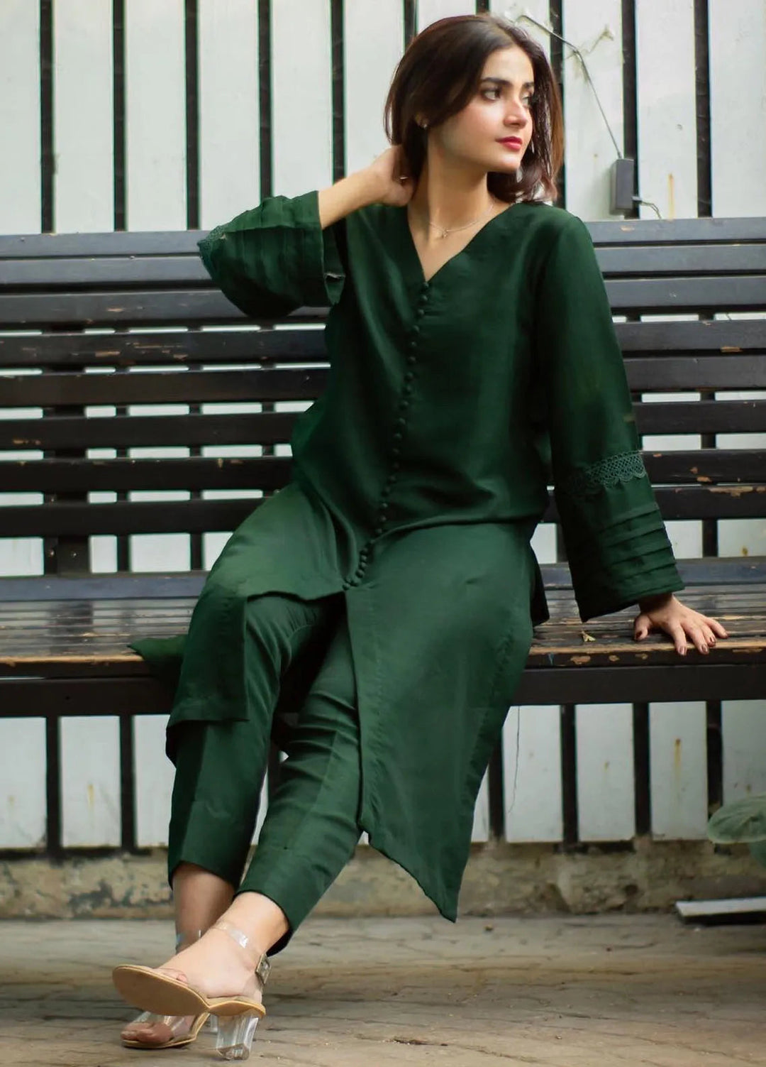 Zauk Pret Casual Raw Silk 2 Piece Suit Bottle Green Suit