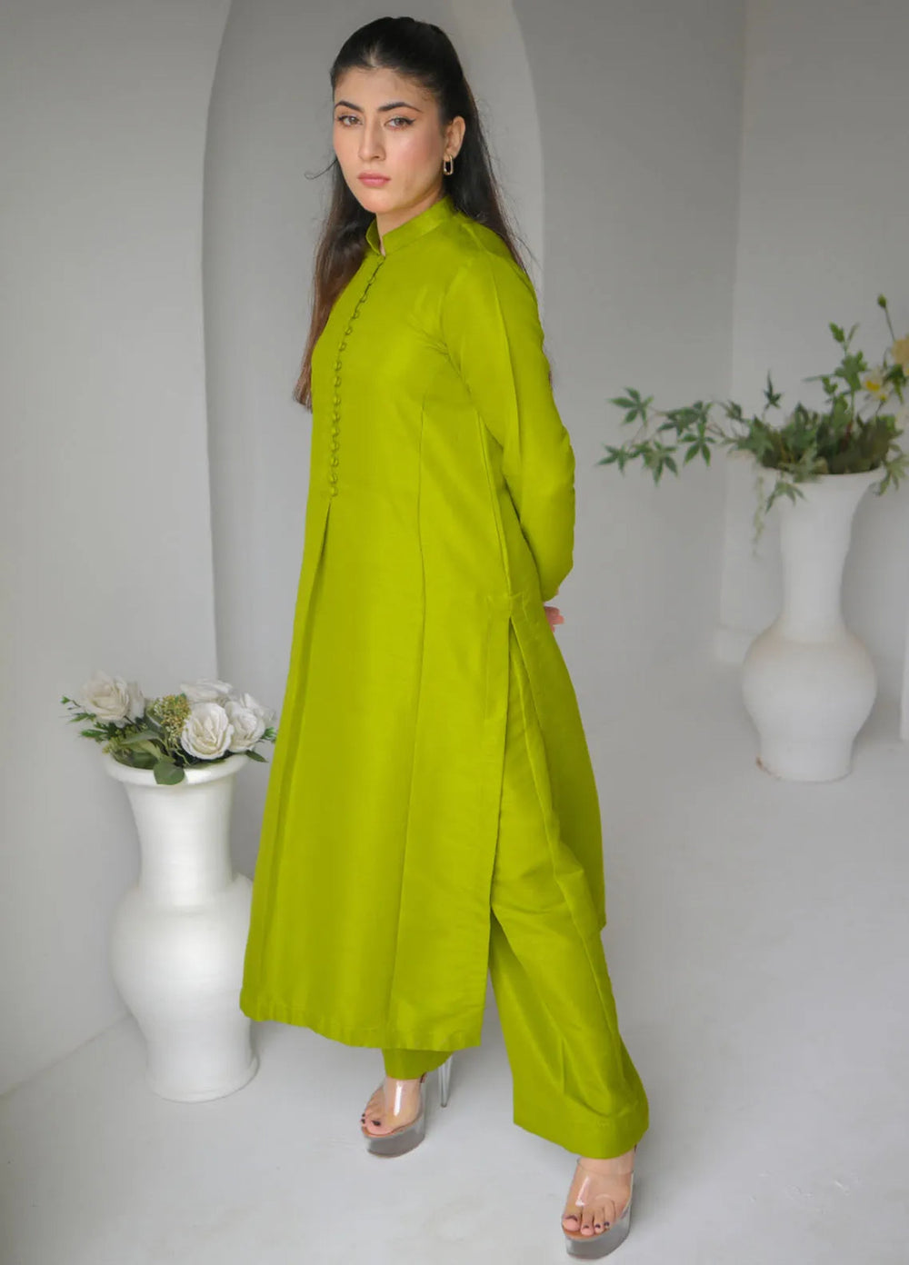 Zauk Women RTW Solids Indian Raw Silk 2 Piece Suit ZK26RC Pine P-C-3 - Casual Collection