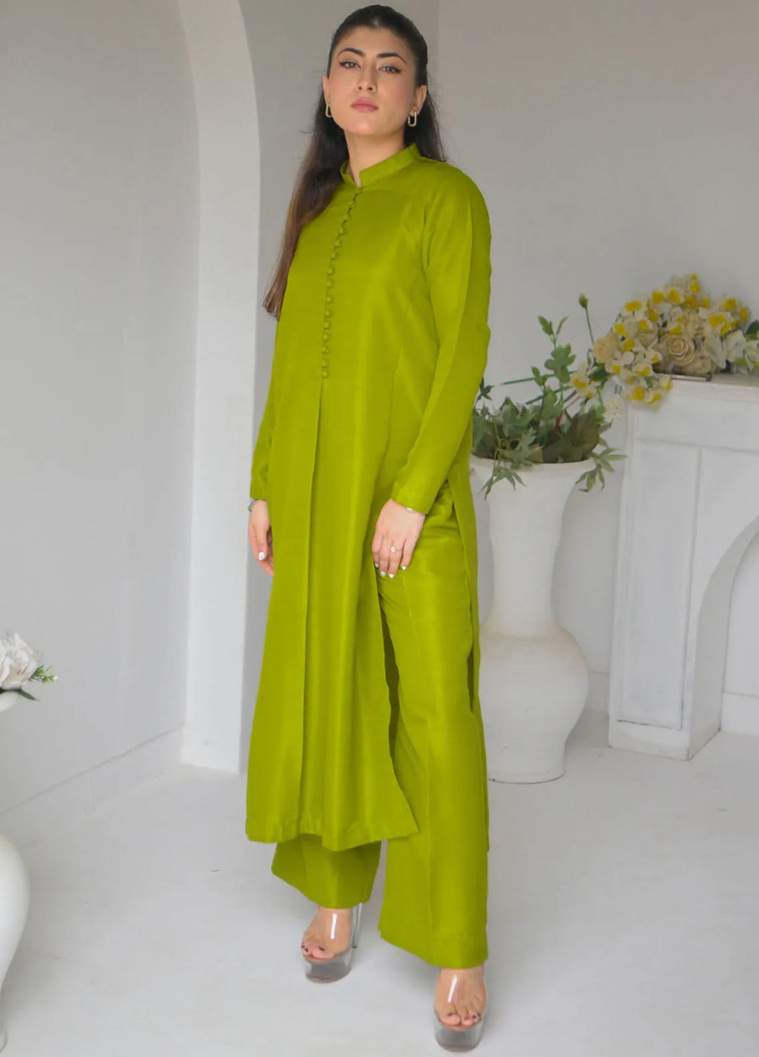 Zauk Women RTW Solids Indian Raw Silk 2 Piece Suit ZK26RC Pine P-C-3 - Casual Collection