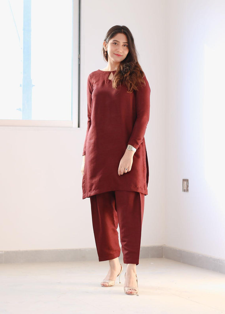 Zauk Casual Pret  Raw Silk 2 Piece Dress ZK23CW Maroon two piece