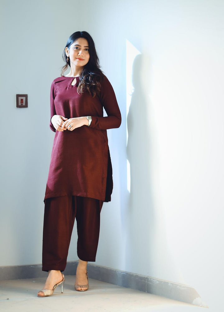 Zauk Casual Pret  Raw Silk 2 Piece Dress ZK23CW Maroon two piece