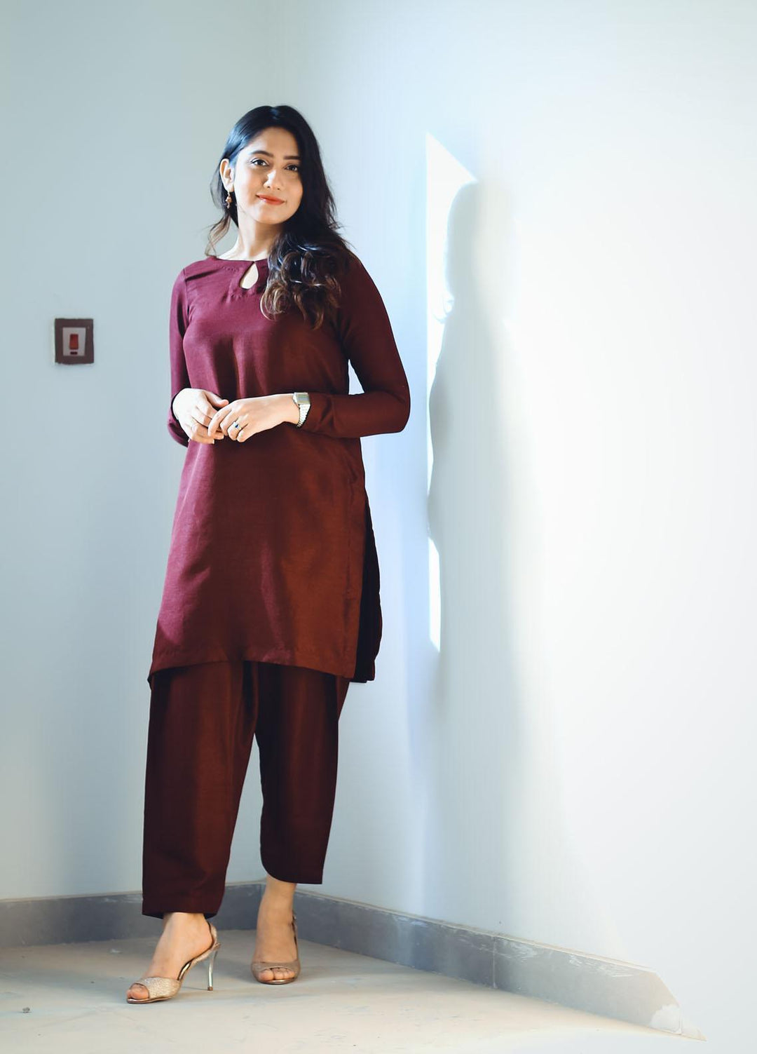 Zauk Casual Pret  Raw Silk 2 Piece Dress ZK23CW Maroon two piece