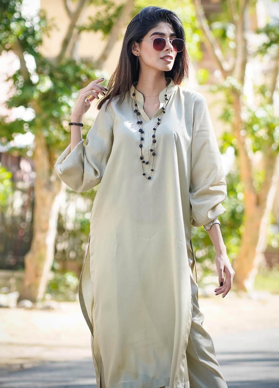 Zauk Casual Pret  Cotton Silk 2 Piece Dress ZK23CW Beige two piece