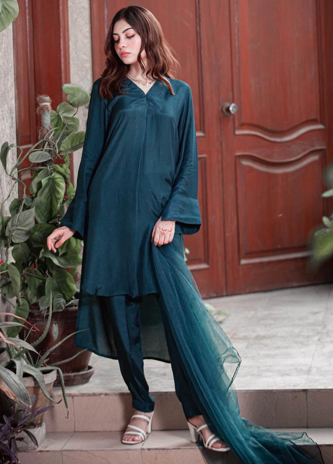 Zauk Casual Pret  Georgette 3 Piece Dress ZK23CW Teal blue three piece