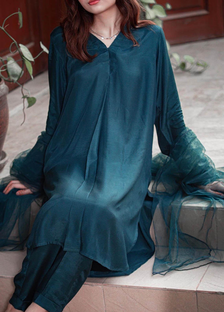 Zauk Casual Pret  Georgette 3 Piece Dress ZK23CW Teal blue three piece