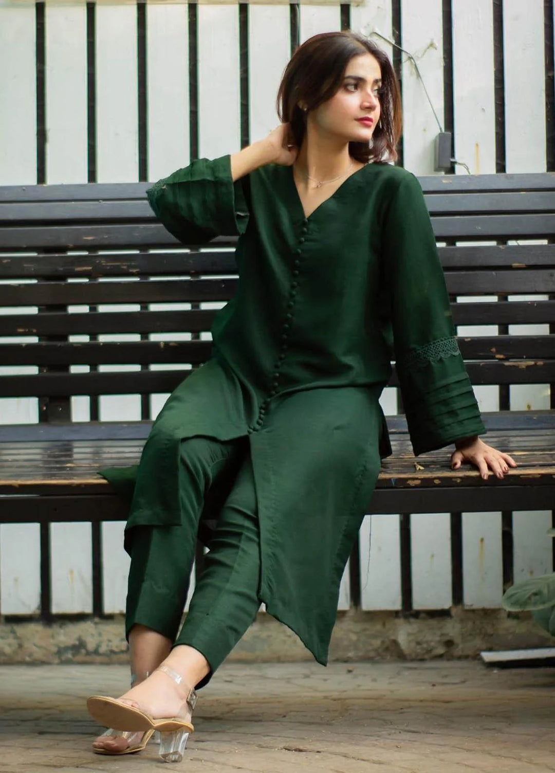 Zauk Women RTW Solids Indian Raw Silk 2 Piece Suit ZK26RC Bottle Green V-5-2 - Casual Collection